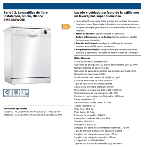 Lave-vaisselle BOSCH Serie  2 SilencePlus SMS25AW05E - 12