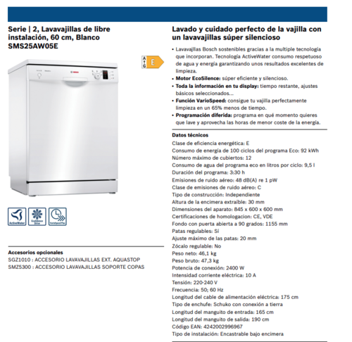 'Serie | 2 Lavavajillas de libre instalación 60 cm Blanco' REF.: SMS25AW05E