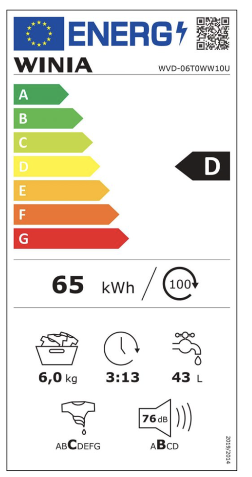 LAVADORA CARGA FRONTAL WVD-06T0WW10U WINIA 6KG Eficiencia EnergÃ©tica D 1000 RPM'