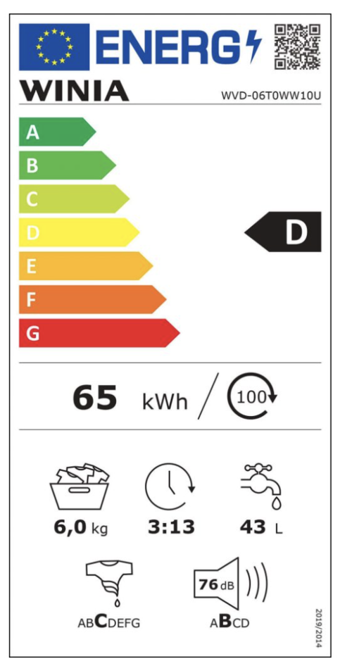 LAVADORA CARGA FRONTAL WVD-06T0WW10U WINIA 6KG Eficiencia Energética D 1000 RPM'