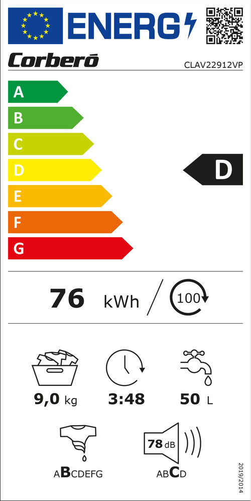 LAVADORA CORBERO 9KG VAPOR 1200RPM  CLAV22912VP
