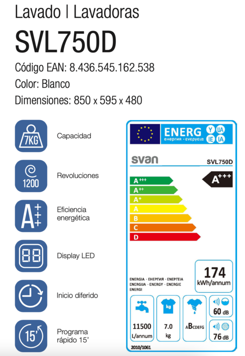 LAVADORA SVAN SVL750D 7KG 1200R A+++
