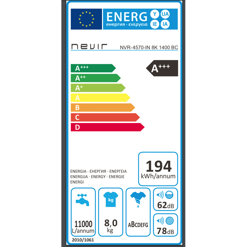 LAVADORA NEVIR NVR-4570-IN INVERTER 8KG 1400RPM